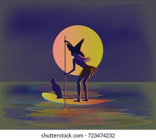 Halloween moon, witch in a hat, black cat Stand Up Paddling on the Board in the ocean, illustration