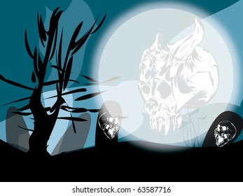 Halloween at moonlight ,skulls ghosts, moon and tombs - eps 10 transparencies