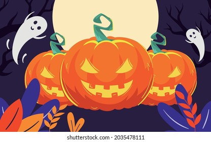 Halloween moonlit night castle pumpkin lantern illustration holiday magic party poster