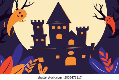 Halloween moonlit night castle pumpkin lantern illustration holiday magic party poster