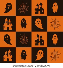 Halloween mosaic geometric seamless pattern. Creepy mystical checkered background. 