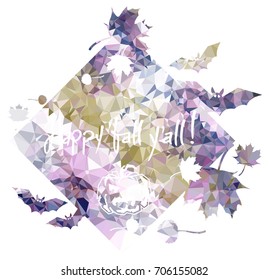 Halloween mosaic label with falling leaves silhouettes and greeting text "Happy fall y'all!". Vector clip art.