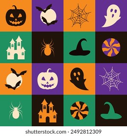 Halloween mosaic seamless pattern. Creepy horror elements square background.