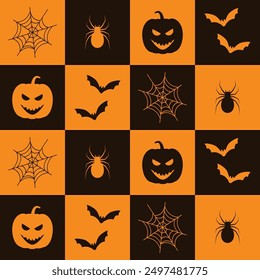 Halloween Mosaik nahtloses Muster. Quadratischer Hintergrund mit gruseligen Elementen