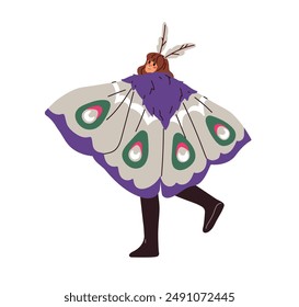 Halloween moth, masquerade costume. Happy woman disguised in creepy winged outfit for October night, carnival party. Spooky horror butterfly. Flat vector illustration isolated on white background