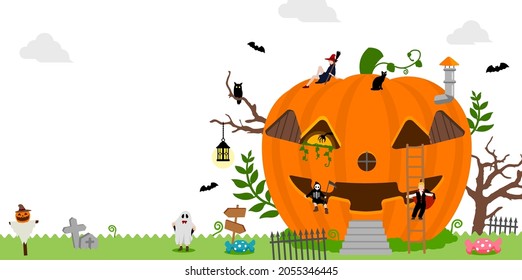 Halloween motif pumpkin house banner illustration with costume kids