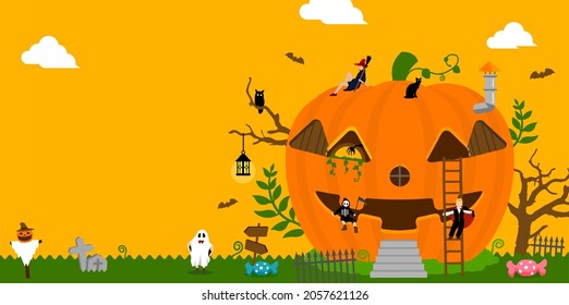 Halloween motif pumpkin house banner illustration with costume kids |  no text