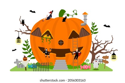 Halloween motif pumpkin house illustration with costume kids