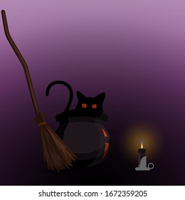 Halloween motive black witch cat in cauldron with broom and candle. Witch or warlock home, pagan Wicca, theurgy, cult mystical spiritualism ritual set up on esoteric. Vector illustration