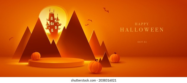 Halloween mountain castle paper art style on 3D illustration orange theme product display background with luxury high end look.
