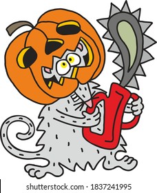 Calabaza de ratón de Halloween en la cabeza con motosierra