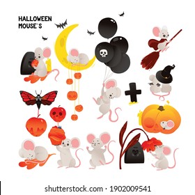 Halloween mouse vector illustration set - cute cartoon holiday mice with spooky decoration elements - pumpkin, witch broom and bats. Isolated drawing collection
