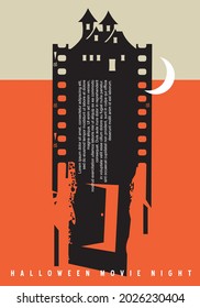 Halloween Movie Night Artistic Poster Idea With Film Strip, Moonlight And Hunted House. Poster Art Concept For Horror Movie Festival. Cinema Vector Graphic Design Template.