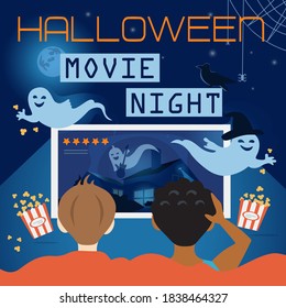 Halloween Movie Night Illustration, Site Cover. Children watch scary video on TV, ghosts, pumpkin, raven, haunted house and full moon. Vector Flyer, invitation square template for party.