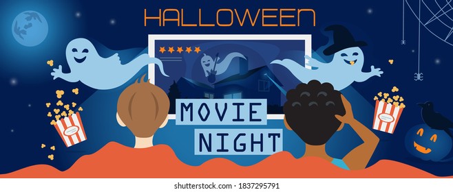 Halloween Movie Night, Vector Illustration, Facebook Cover Of Web Site. Children Watch Scary Video On TV, Ghosts, Pumpkin, Raven, Haunted House And Full Moon. Flyer, Invitation Template For Party.