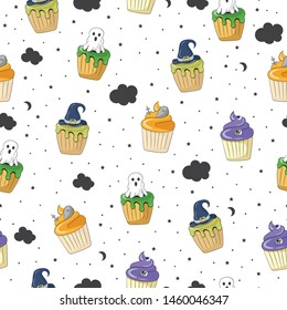 Halloween muffin pattern. Muffin with ghost, witch hat, grave, cross, star, cloud, moon. Cartoon vector. Halloween wrapping paper, cover, pattern, fabric. White background.