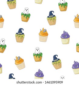 Halloween muffin pattern. Muffin with ghost, witch hat, grave, cross. Cartoon vector. Halloween wrapping paper, cover, pattern, fabric.
