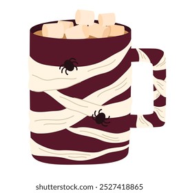 Halloween mug. Hot cocoa, coffee and tea cup mummy. Flat cartoon illustration isolated on the white background