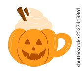 Halloween mug. Pumpkin with whipped cream and cinnamon for hot cocoa, coffee and tea. Flat cartoon illustration isolated on the white background