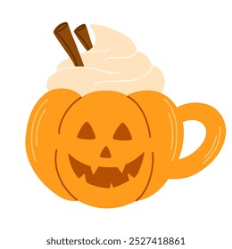 Halloween-Becher. Kürbis mit Schlagsahne und Zimt für heißen Kakao, Kaffee und Tee. Flache Cartoon-Abbildung einzeln auf weißem Hintergrund