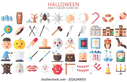 Halloween multi color Icons set, include ghost, candy, mask, skull, zombie, castle, moon and others. Used for modern concepts, web, UI or UX kit and applications, EPS 10 ready convert to SVG