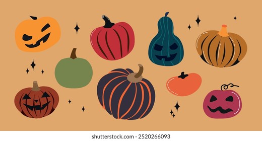 Halloween multicolored pumpkins collection set icon clipart avatar logotype isolated illustration