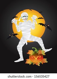 Halloween Mummy with Carved Jack-O-Lantern Pumpkin with Moon and Bats Vector  Illustration