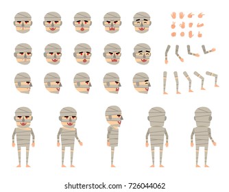 Halloween mummy character creation set. Various gestures, emotions, diverse poses, views. Create your own pose, animation. Flat style vector illustration