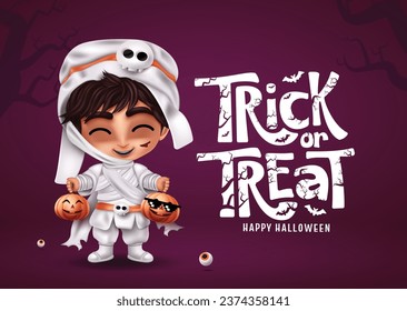 Halloween mummy character vector design. Trick or treat greeting text with cute and friendly boy mummy costume character for horror party background. Vector illustration greeting and invitation card.
