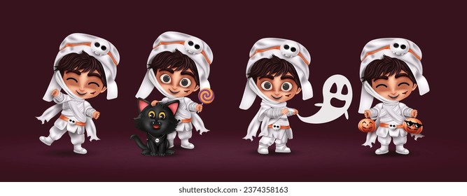 Halloween mummy characters vector set design. Halloween mummy costume in smiling, cute and friendly standing pose boy character collection. Vector illustration horror trick or treat mummy character.
