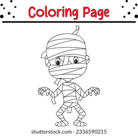 Halloween página de coloración de momias para niños. Ilustración vectorial en blanco y negro para libro de colorantes