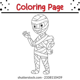 Página de coloreado de la momia de Halloween. Halloween Trick o Trete ilustración vectorial en blanco y negro para libro de colorido