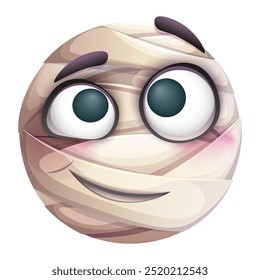 Emoji de la momia de Halloween sobre fondo blanco. Emoticono de Acción de Gracias envuelto en vendajes. Lindo emoticono.