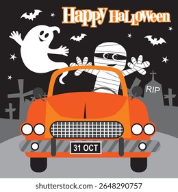 Halloween Mummy and Ghost in a Car