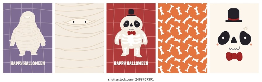 Conjunto de postal de momia y esqueleto de Halloween