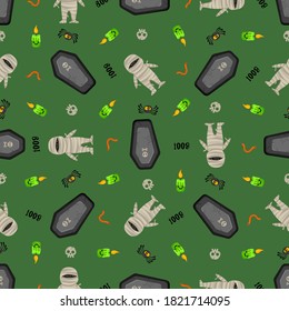 Halloween mummy vector pattern. Cartoon style. Kawaii character. Trick or treat. Cute symbols of the holiday. Funny illustration. For fabrics, textiles, cards, backgrounds and wrapping papers.
