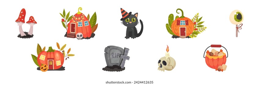 Halloween with Mushroom, Cat, Eye Candy, Tomb, Skull and Pumpkin Vector Set