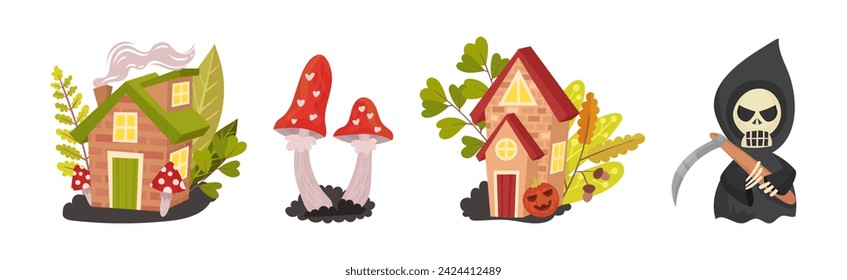 Halloween with Mushroom, House and Death with Scythe Vector Set