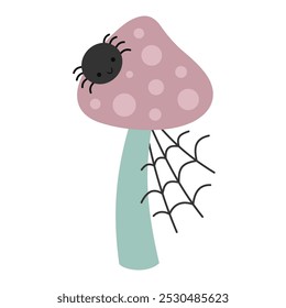 Halloween mushroom with spider and spiderweb. Cute Halloween element. Vector illustration in flat style