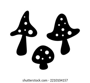 Halloween mushrooms silhouette. Fly agaric and ingredients for witch potion and poison. Witchcraft and magic, sorcery. Sticker for social networks and messengers. Cartoon flat vector illustration