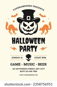 Halloween music night party flyer design template retro promo poster vector flat illustration. Creepy holiday event celebration horror pumpkin sorcerer cat bat silhouette vintage announcement placard