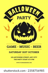 Halloween music night party yellow retro flyer poster design template vector flat illustration. Creepy holiday celebration event announce placard horror pumpkin silhouette with bat promo advertisement