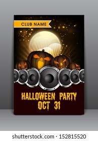 Halloween musical party night flyer, banner or poster with scary pumpkin and speakers.