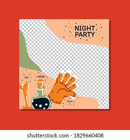 Halloween mysterious party promo sale social media banner template with magic elements. Hand of the monster, a bottle of magic potion, a bone. Poster, banner, special offer with transparent part