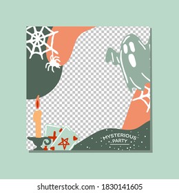 Halloween mysterious party promo sale social media banner template with magic elements. Candle, playing cards, ghost, web and spider. Poster, banner, special offer with transparent part