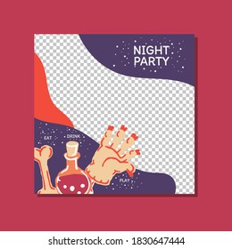 Halloween mysterious party promo sale social media banner template with magic elements. Hand of the monster, a bottle of magic potion, a bone. Poster, banner, special offer with transparent part