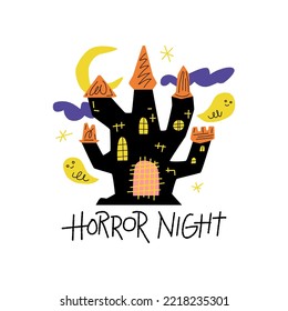 Halloween mystery castle with spooky ghosts. Handdrawn horror night lettering. Autumn celebration phrase with creepy illustration. Fall seasonal clipart, fantasy design element.