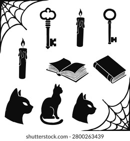 Halloween Mystery Elements Set with Spooky Cats, Vintage Keys, Candles, Books, and Spider Webs Vector Illustration