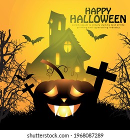 	
Halloween mystery graveyard background with pumpkin design