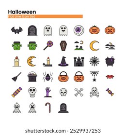 Halloween, mystery, spooky, horror and Scary flat line Icon Set